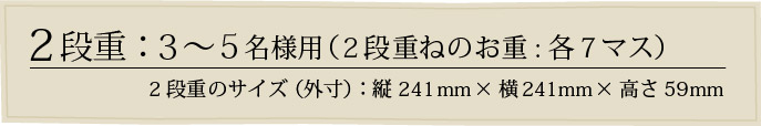 2段重：３～５名様用（２段重ねのお重:各７マス） 2段重のサイズ（外寸）：縦241mm×横241mm×高さ59mm